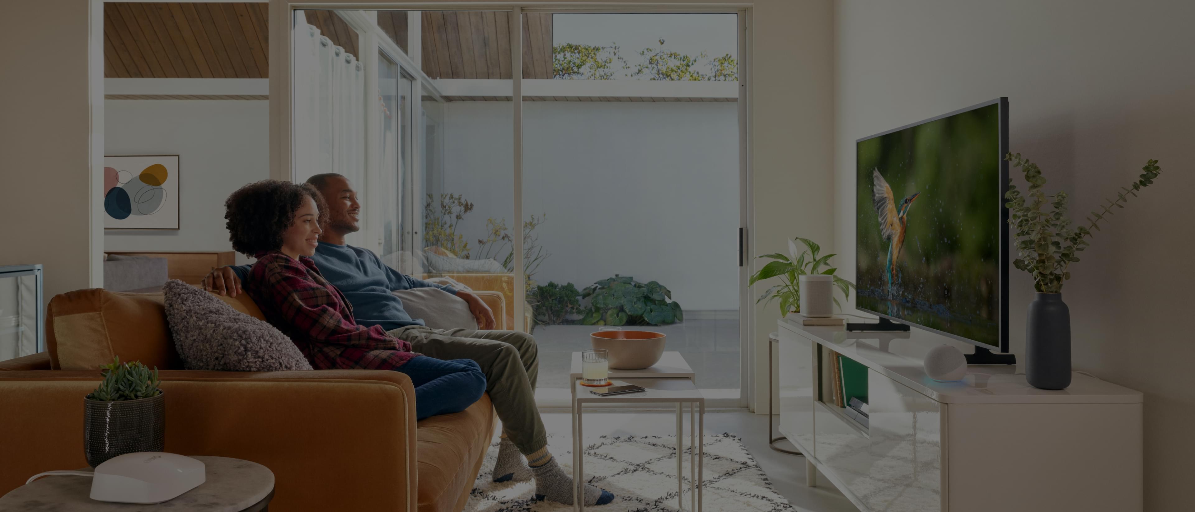 People sitting on a couch watching tv