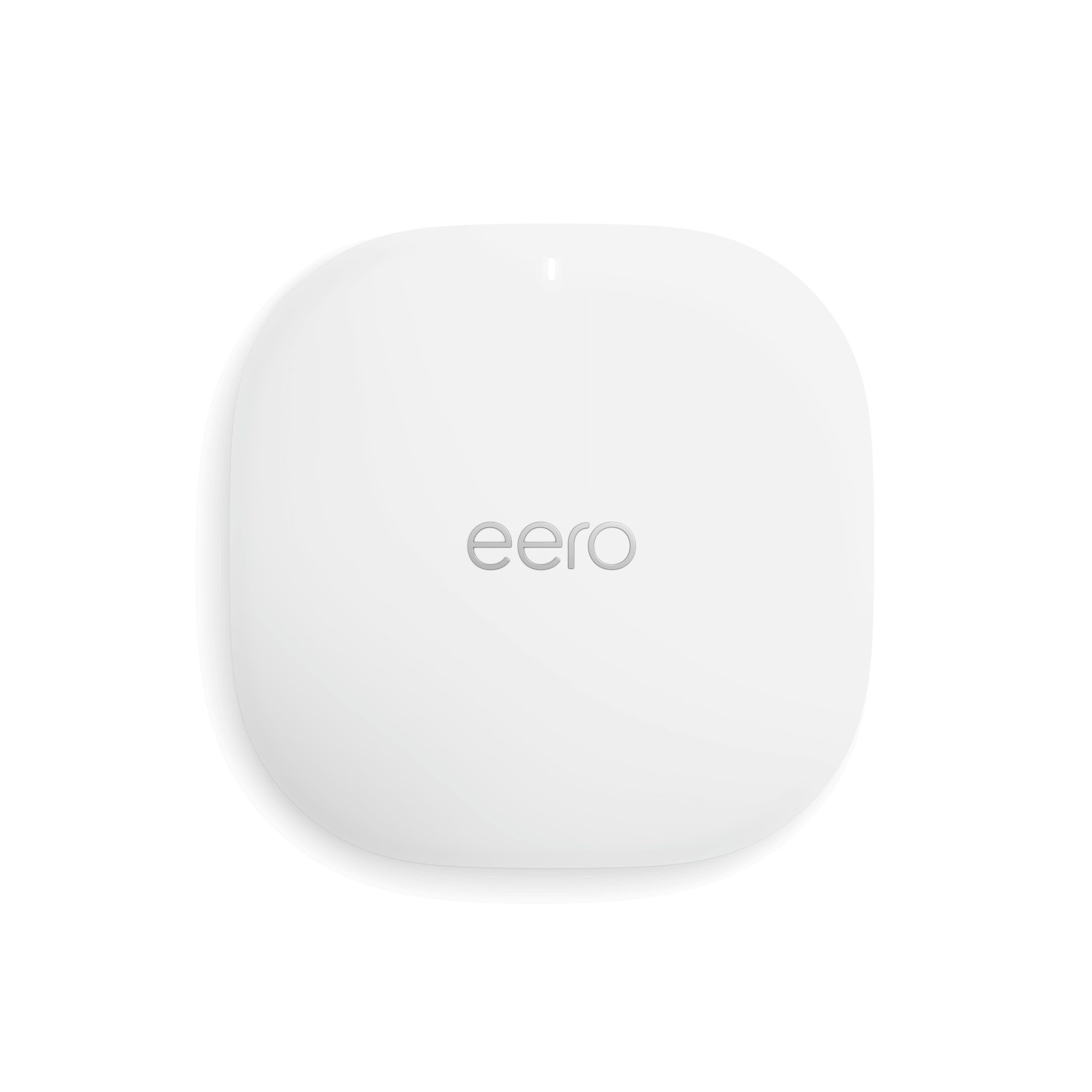 Ceiling-mounted view of an eero WiFi router showing dome-shaped design and branded logo