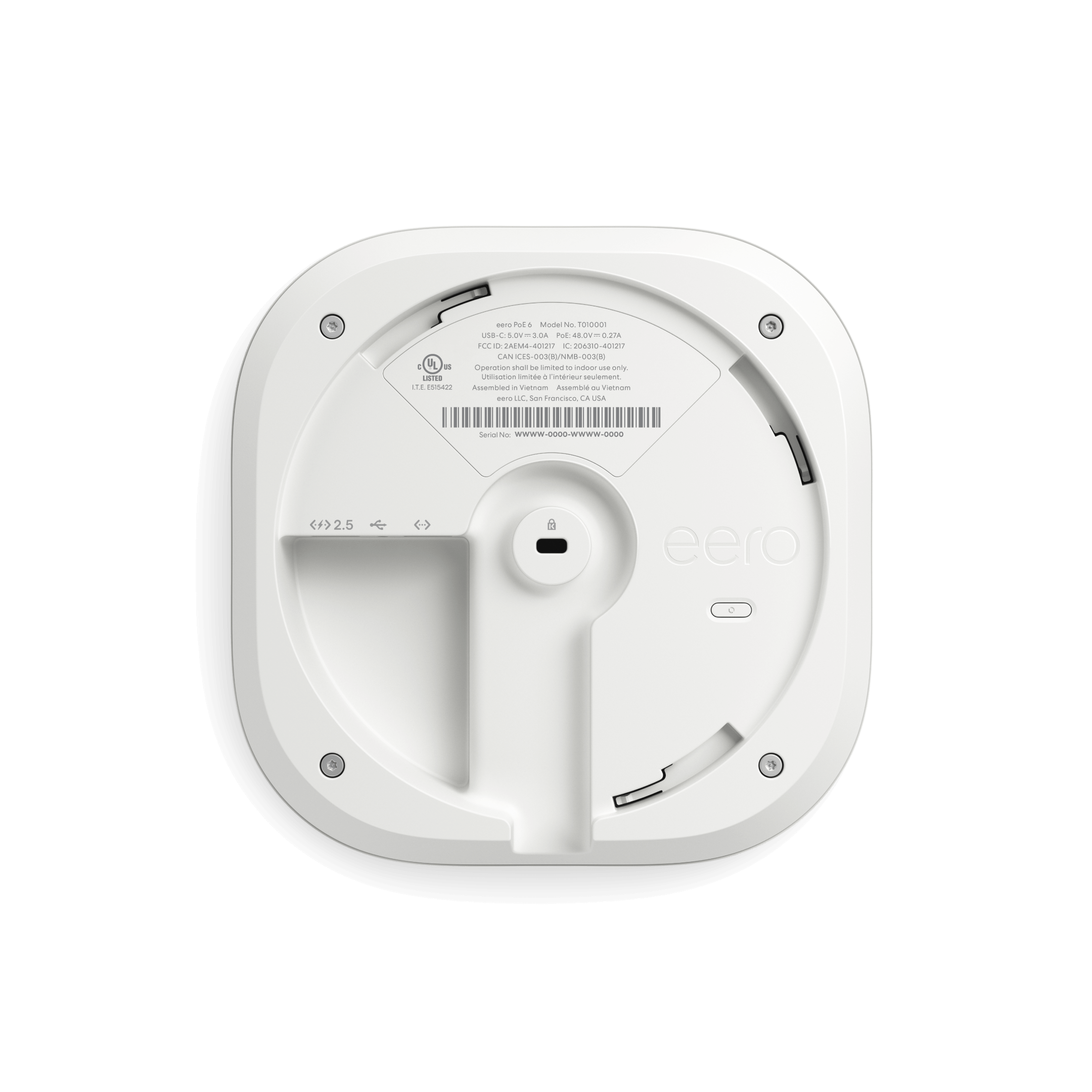 Bottom view of an eero WiFi router showing circular ventilation pattern and mounting point