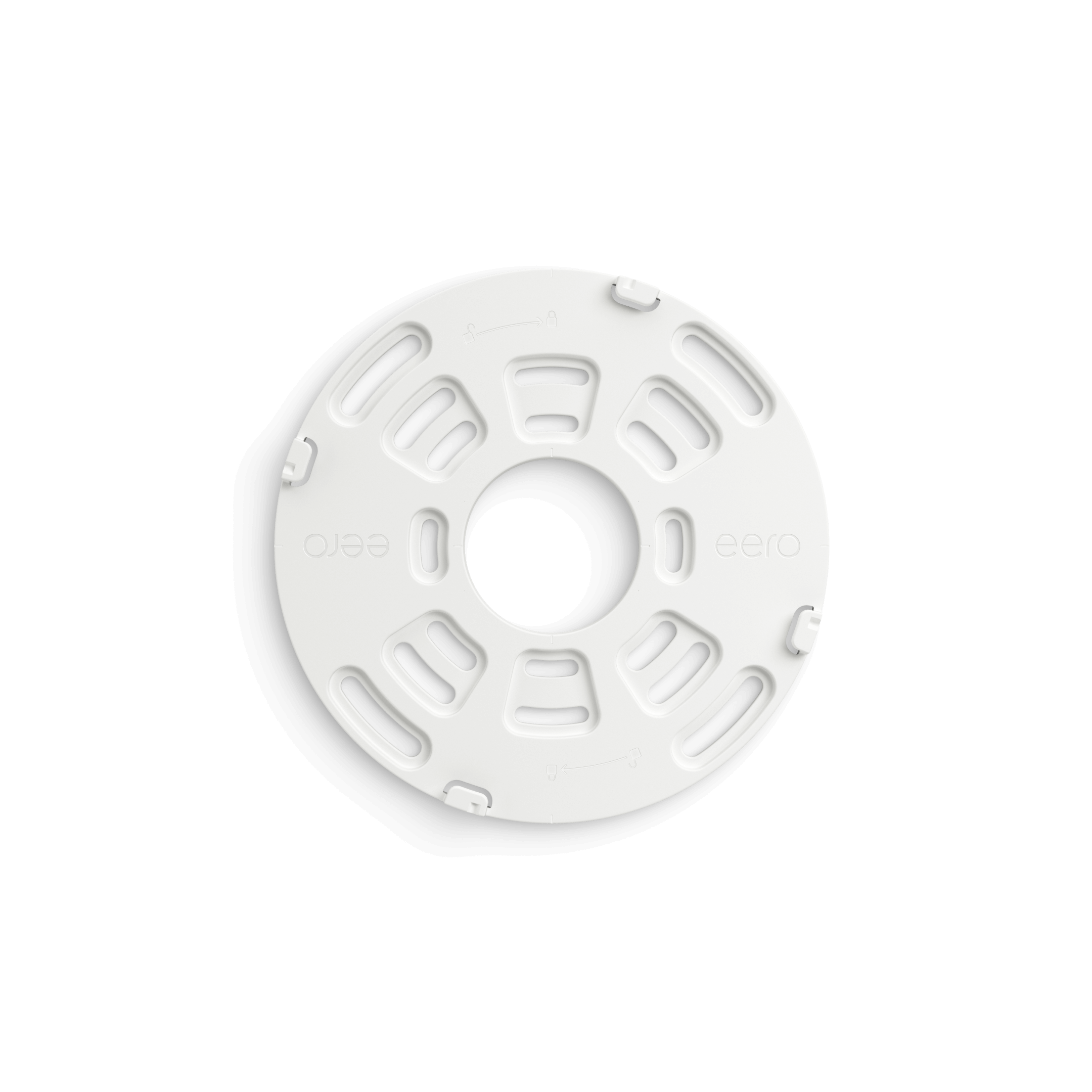 Back view of an eero WiFi router displaying product information label, mounting bracket, and ports